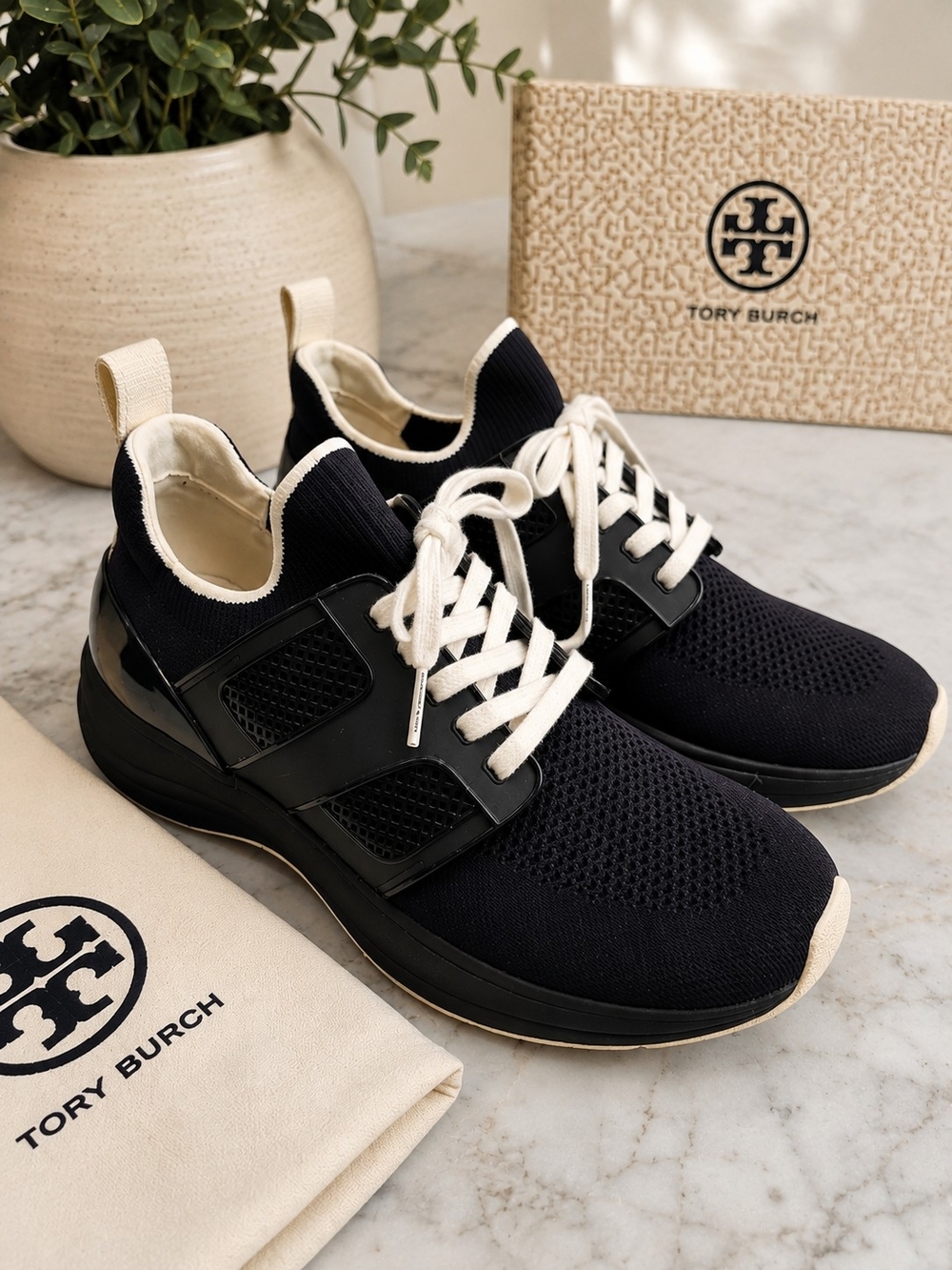 Tory Burch T Sock Runner Black Ivory Knit Logo Sneakers Women’s 9